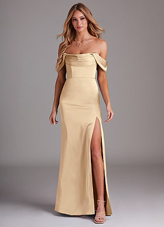 Azazie Saige Bridesmaid Dresses Champagne Sheath Off the Shoulder Stretch Satin Dress image3
