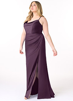 Azazie Marzia Bridesmaid Dresses Plum Sheath Cowl Pleated Stretch Satin Dress image15