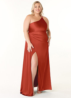 Azazie Maron Bridesmaid Dresses Rust A-Line One Shoulder Stretch Satin Dress image7