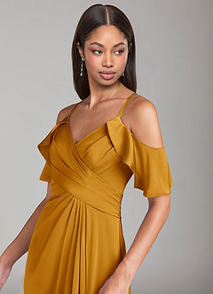 Azazie Dakota Bridesmaid Dresses Butterscotch A-Line Off the Shoulder Stretch Satin Dress image5