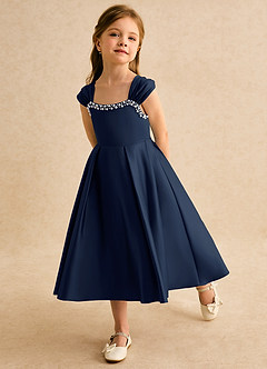 Azazie Yosemite Flower Girl Dresses Dark Navy Ball-Gown Sweetheart Neckline Matte Satin Dress image6