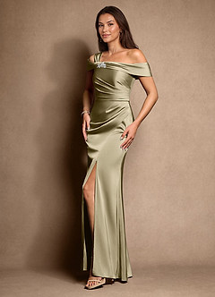 Azazie Altonia Mère de la mariée Robes Robe Sirène en Satin extensible Épaule décolletée Vert Mousse image5