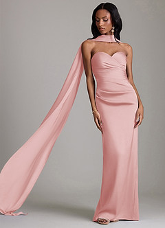 Azazie Sonora Vestidos de damas de honor Vestido de Rosa Empolvado de Satén Elástico de Corte Recto con Sin tirantes image8