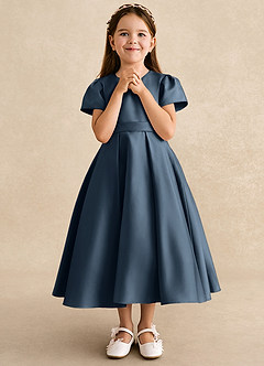 Azazie Princess Robe Demoiselle D'honneur Fillette Robe Trapèze en Mat Satiné Plissée Neptune image4