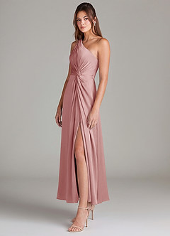 Azazie Brooke 신부 들러리 드레스 A라인 한쪽 어깨 스트레치 새틴 발목 길이 드레스 image5