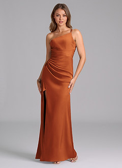 Azazie Eren Robes de demoiselle d'honneur Robe Sirène en Satin extensible Ue épaule Cannelle image5