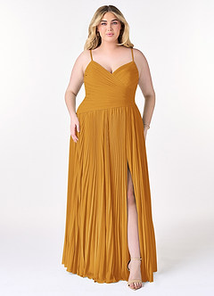 Azazie Vini Bridesmaid Dresses Butterscotch A-Line V-Neck Pleated Chiffon Dress image7