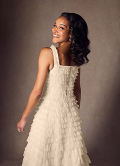 Azazie Zariah Wedding Dresses Champagne A-Line Ruched Tulle Dress image6