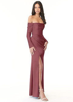 Azazie Hallie Bridesmaid Dresses Desert Rose Sheath Off-The-Shoulder Long Sleeve Stretch Satin Convertible Dress image5