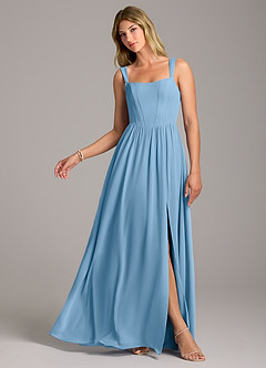 Azazie Rosaline Bridesmaid Dresses Steel Blue A-Line Side Slit Chiffon Dress image1