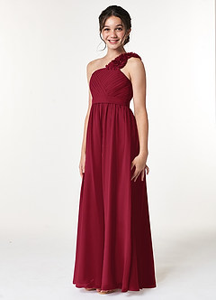 Azazie Flower Junior Burgundy A-Line Pleated Chiffon Dress image4