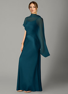 Azazie Jaleesa Bridesmaid Dresses Ink Blue A-Line High Neck Stretch Satin Dress image4