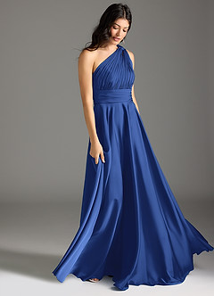 Azazie Charlize Vestidos de damas de honor Vestido de Azul Real de Satén Elástico de Corte en A con Hombro unilateral image3