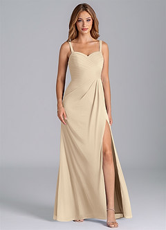 Azazie Micky Bridesmaid Dresses Champagne A-Line Pleated Mesh Dress image1