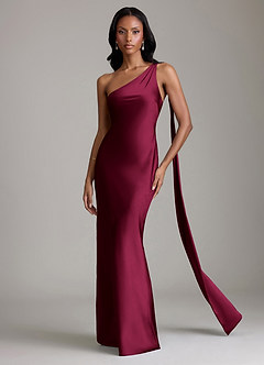 Azazie Juniper Bridesmaid Dresses Burgundy Mermaid One Shoulder Stretch Satin Dress image4