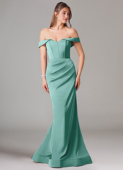 Azazie Everly Bridesmaid Dresses Aqua Mermaid Off the Shoulder Stretch Satin Convertible Dress image3