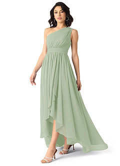 Azazie Mathilda Robes de demoiselle d'honneur Robe Trapèze en Mousseline de soie Ue épaule Vert Sauge image3