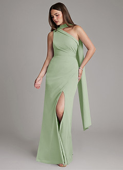 Azazie Zhanna Probar vestidos en casa Vestido de Salvia Polvorienta de Gasa de Corte Sirena con Hombro unilateral image4