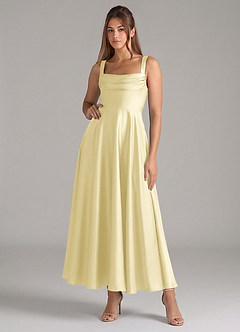 Azazie Shaude Robes de demoiselle d'honneur Robe Trapèze en Satin extensible Plissée Sorbet Citron image1