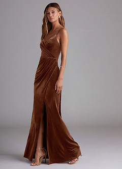 Azazie Maci Bridesmaid Dresses Umber Sheath Pleated Velvet Dress image3