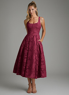 Azazie Isabella Bridesmaid Dresses Burgundy A-Line Corset Floral Burnout Dress image1
