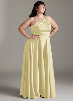 Azazie Charlize Bridesmaid Dresses Lemon Sorbet A-Line One Shoulder Stretch Satin Dress image12