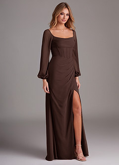 Azazie Charissa Bridesmaid Dresses Ganache Sheath Long Sleeve Chiffon Dress image5