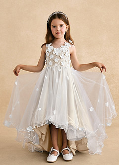Azazie Celia Flower Girl Dresses Champagne A-Line Lace Tulle Dress image4