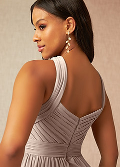 Azazie Hillian Bridesmaid Dresses Taupe A-Line Halter Pleated Mesh Dress image7