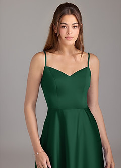 Azazie Marley Bridesmaid Dresses Dark Green A-Line Off the Shoulder Stretch Satin Convertible Dress image2