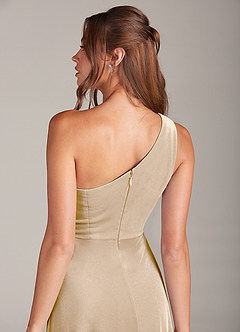 Azazie Brooke Bridesmaid Dresses Champagne A-Line One Shoulder Velvet Dress image2