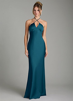 Azazie Camille Bridesmaid Dresses Ink Blue Sheath Side Slit Stretch Satin Dress image1