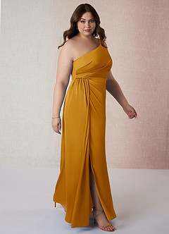 Azazie Mika Bridesmaid Dresses Butterscotch Sheath One Shoulder Stretch Satin Dress image10