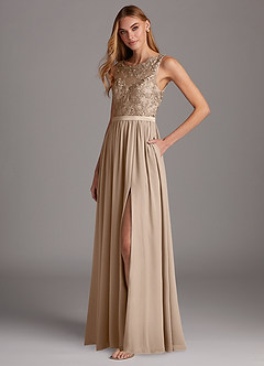 Azazie Elly Bridesmaid Dresses Taupe A-Line Lace Scoop Neck Chiffon Dress image1