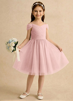 Azazie Lila Girls Formal Robe Demoiselle D'honneur Fillette Robe Trapèze en Tulle Épaule décolletée Rose Poudré image4