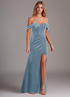 Azazie Jas Bridesmaid Dresses Dusty Blue Sheath Off-The-Shoulder Corset Velvet Convertible Dress image4