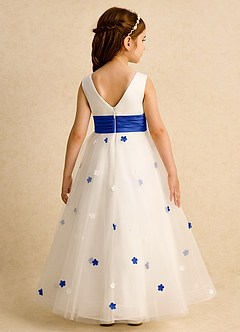 Azazie Cricket Flower Girl Dresses Ivory Royal Blue Ball-Gown Pleated Matte Satin Dress image2