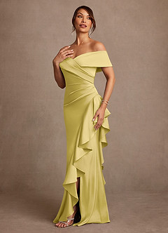 Azazie Kirsty Mère de la mariée Robes Robe Fourreau en Satin extensible Épaule décolletée Canari image3