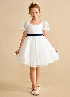 Azazie Debbie vestidos de niña de las flores Vestido de Marfil Marino Oscuro de Organza de Princesa con Escote de Corazón image8