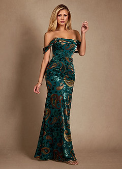 Azazie Cali Moeder van de bruid jurken Kolom Jurk van Paisley Velvet Burnout Off the Shoulder Blauwgroen Multi image4
