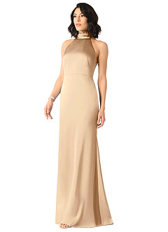 Azazie x Delaney Bridesmaid Dresses Champagne Sheath High Neck Stretch Satin Dress image2