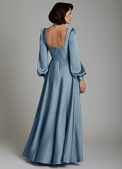 Azazie Solana Bridesmaid Dresses Dusty Blue A-Line Long Sleeve Stretch Satin Dress image2