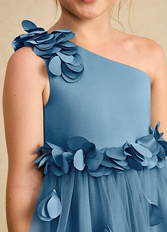 Azazie Atta Jurken voor bloemenmeisjes A-Lijn Jurk van Tule One-Shoulder Staal Blauw image5
