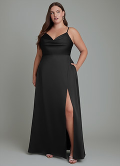 Azazie Sarella At-home Try On Dresses Black A-Line Pleated Stretch Satin Dress image10