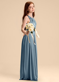 Azazie Bibiane Junior Dusty Blue A-Line Pleated Stretch Satin Dress image5