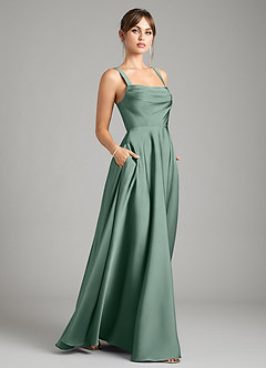 Azazie Shaude Vestidos de damas de honor Vestido de Eucalipto de Satén Elástico de Corte en A con Plisado image6