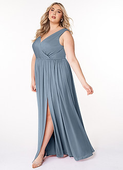 Azazie Tanicia Brautjungfernkleider A-Linie V-Hals Gefaltet Gittergewebe Kleid Staubblau image7