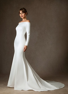 Azazie Marlin Wedding Dresses Diamond White Mermaid Off the Shoulder Satin Dress image6