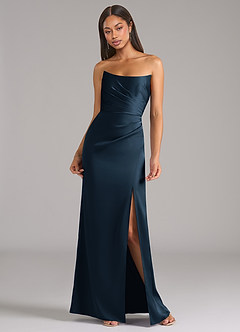 Azazie Marla Vestidos de madrinha de casamento Vestido Azul Marinho de Cetim elástico de Bainha com Sem Alças image4