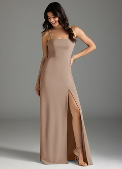 Azazie Melia Bridesmaid Dresses Taupe A-Line Bow Stretch Crepe Dress image2